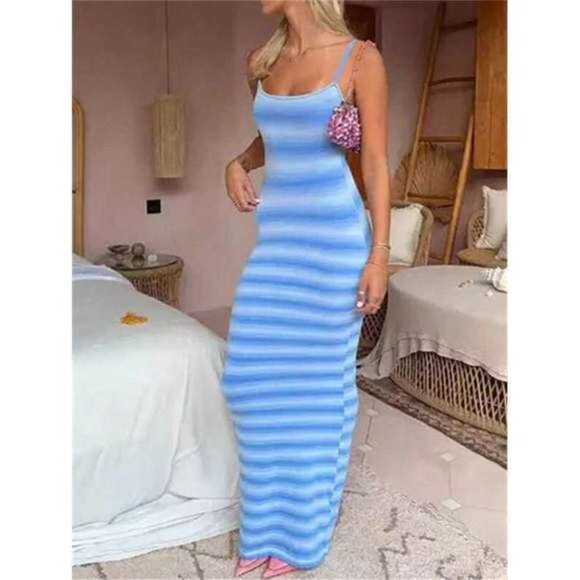 New Women's Vacation Casual Striped Spaghetti Strap Dress - Picture 3 of 4